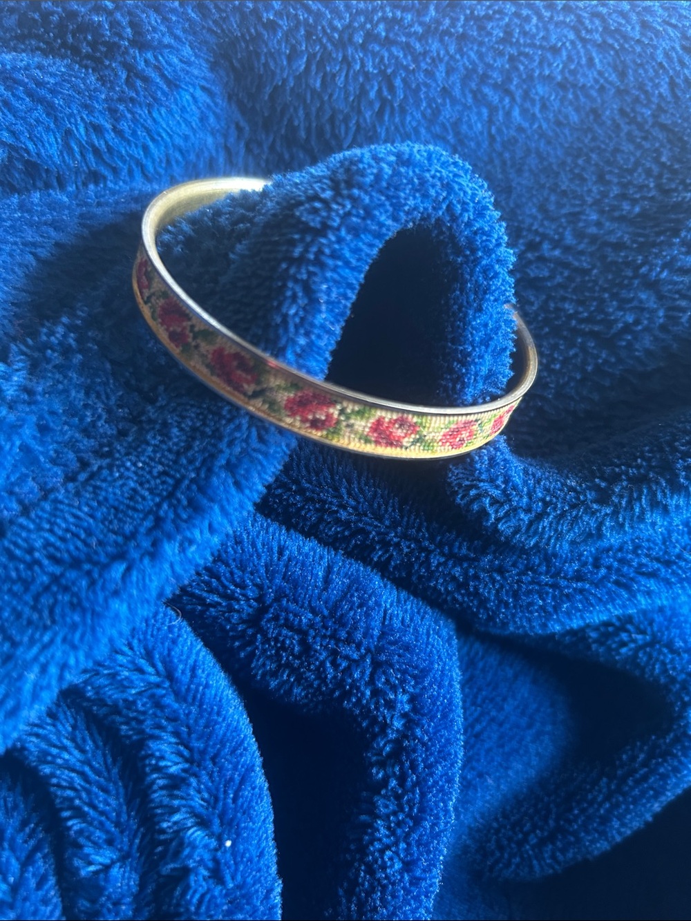 Floral Petit Point Embroidered Red and Green Woven Brass Bangle Bracelet